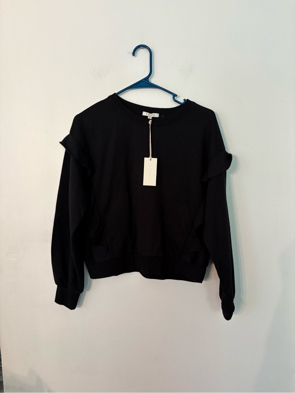 Z Supply Black Ruffle-Shoulder Pullover Sweatshirt